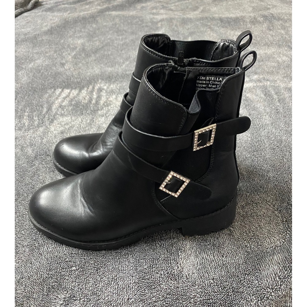 Elditas Stella Black‎ Rhinestone Buckle Moto Ankle Boots Lug Sole Womens 7.5 M